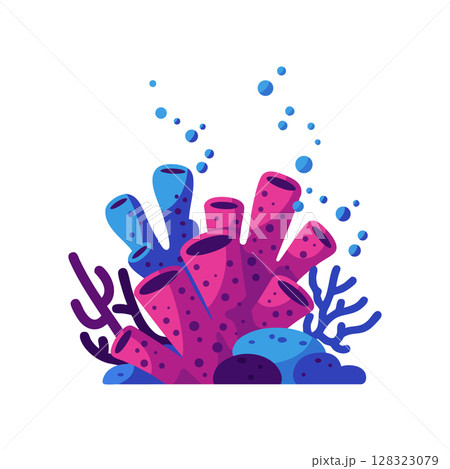 Colorful underwater coral reef with purple and blue tube sponges vector illustration 128323079