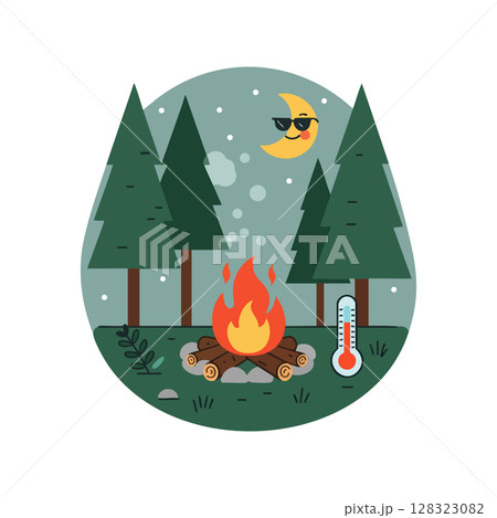 Campfire in snowy forest with thermometer and moon wearing sunglasses vector illustration Campfire in snowy forest with thermometer and moon wearing sunglasses vector illustration 128323082