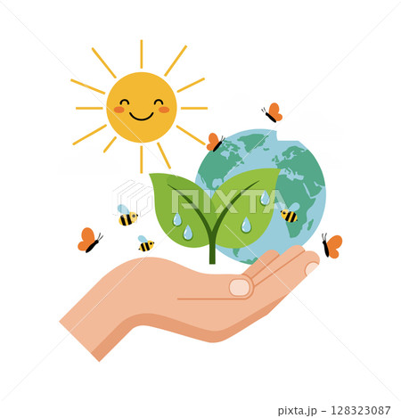 Hand Holding Green Leaves Earth with Bees Butterflies and Smiling Sun Vector Illustration Hand Holding Green Leaves Earth with Bees Butterflies and Smiling Sun Vector Illustration 128323087