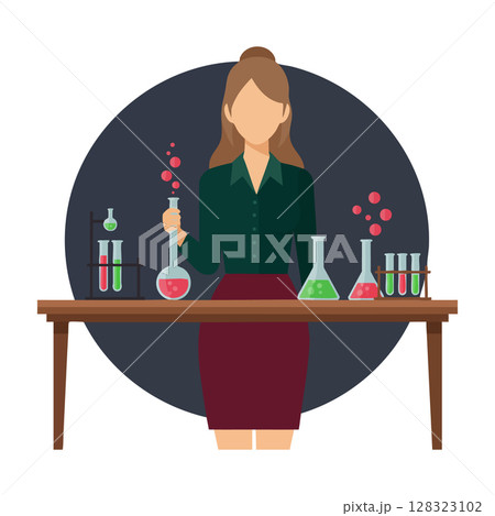 Female scientist conducting chemistry experiments with colorful liquids in laboratory vector illustration Female scientist conducting chemistry experiments with colorful liquids in laboratory vector illustration 128323102