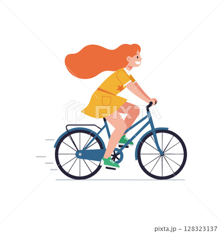 Girl riding bicycle with flowing hair casual outdoor activity vector illustration 128323137