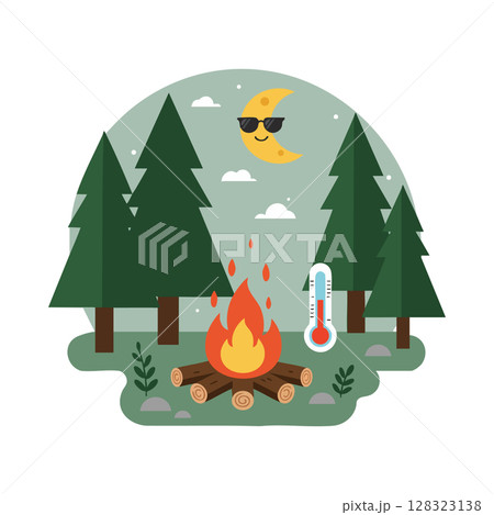 Campfire in forest with thermometer and smiling crescent moon illustration vector 128323138
