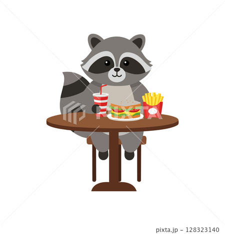 Cartoon raccoon eating burger fries and soda at table vector illustration 128323140