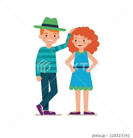 Boy wearing green hat and striped shirt with smiling girl in blue dress vector illustration 128323142