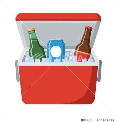 Cooler box filled with ice and assorted beverage bottles and can vector illustration Cooler box filled with ice and assorted beverage bottles and can vector illustration 128323145