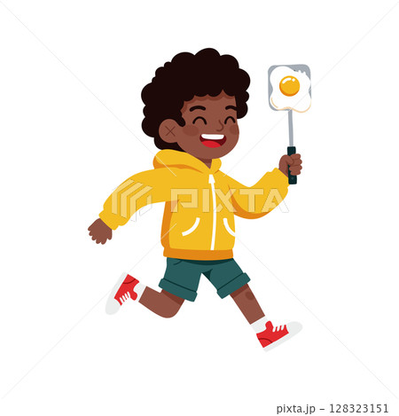 Happy boy running holding fried egg on spatula wearing yellow jacket and red sneakers vector illustration Happy boy running holding fried egg on spatula wearing yellow jacket and red sneakers vector illustration 128323151