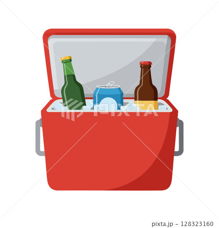 Portable red cooler with ice and assorted bottled drinks for outdoor activities vector illustration Portable red cooler with ice and assorted bottled drinks for outdoor activities vector illustration 128323160