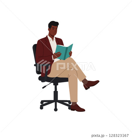 Man sitting on office chair reading book in casual outfit vector illustration 128323167