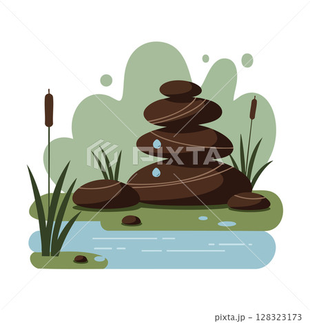 Balanced stones with water drops near pond and green plants in calm nature scene vector illustration 128323173
