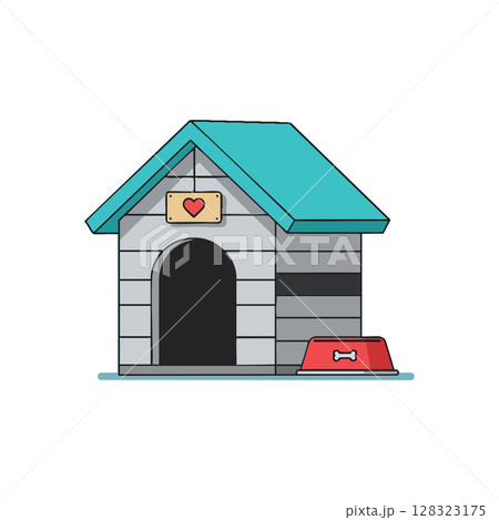 Doghouse with turquoise roof and red food bowl vector illustration for pets and animals 128323175