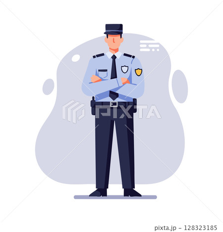 Police officer standing with arms crossed in uniform vector illustration 128323185