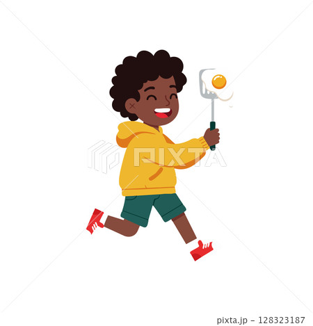 Happy boy running with fried egg on frying pan playful kid cooking breakfast vector illustration 128323187