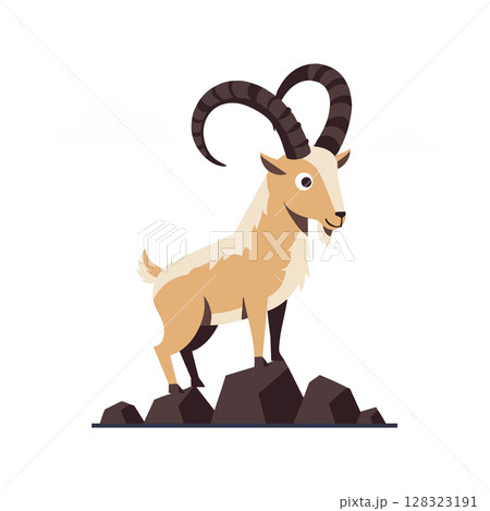 Mountain goat standing on rocks with curved horns vector illustration natural wildlife animal Mountain goat standing on rocks with curved horns vector illustration natural wildlife animal 128323191