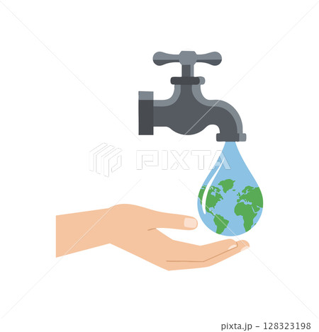 Water conservation concept with faucet and earth shaped water drop above hand vector illustration 128323198