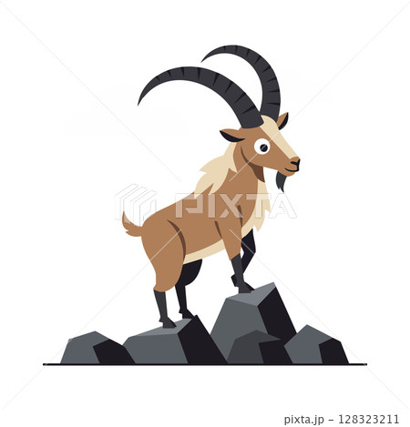 Mountain goat standing on rocks with curved horns and beige fur vector illustration 128323211