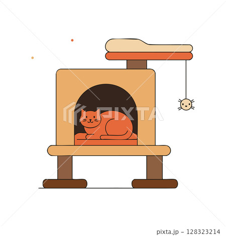 Cat resting inside beige and brown cat house with hanging toy vector illustration 128323214