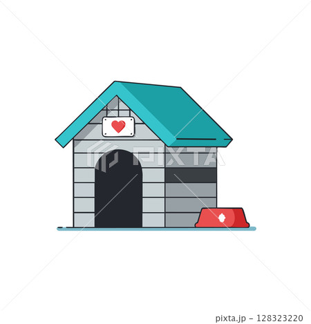 Doghouse with blue roof and red bowl pet shelter vector illustration Doghouse with blue roof and red bowl pet shelter vector illustration 128323220