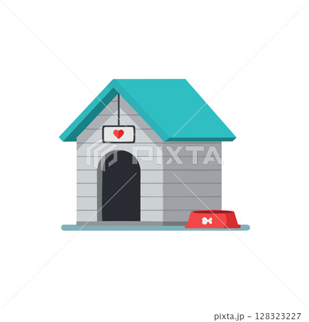 Dog house with teal roof and red food bowl vector illustration for pet shelter design 128323227