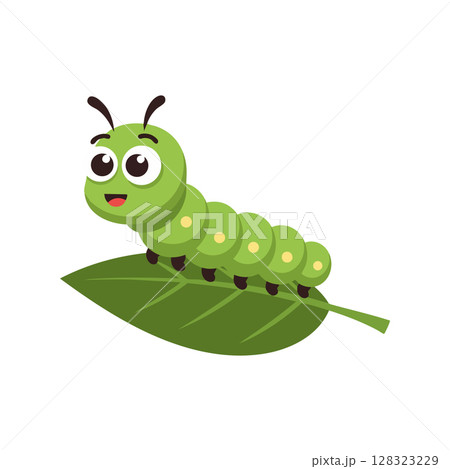 Cute green caterpillar on leaf vector illustration with smiling face and antennae 128323229
