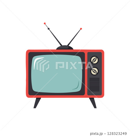 Retro Television Set with Antennas Vintage Style Red Frame Illustration Vector 128323249