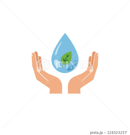 Hands Protecting Water Drop with Green Leaf Environmental Conservation Icon Vector 128323257