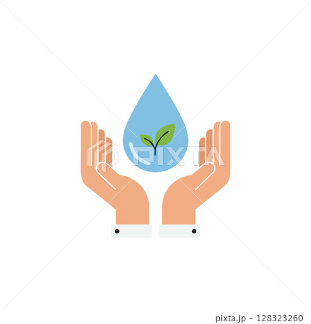 Hands Protecting Water Drop with Green Leaf Environmental Conservation Concept Vector Illustration 128323260
