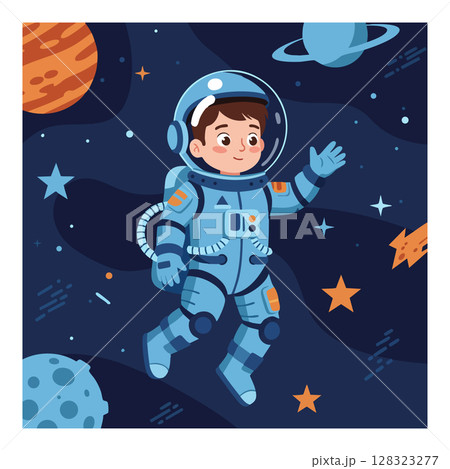 Child astronaut floating in space with planets stars and spaceship vector illustration Child astronaut floating in space with planets stars and spaceship vector illustration 128323277
