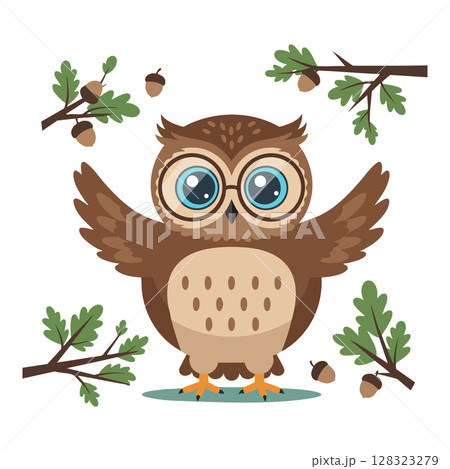 Cute owl with big glasses surrounded by oak branches and acorns vector illustration 128323279