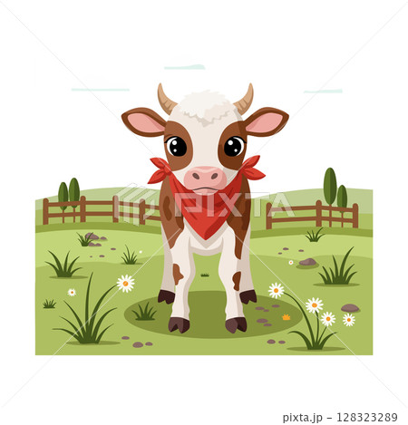 Brown and white calf with red scarf standing on grassy field vector illustration Brown and white calf with red scarf standing on grassy field vector illustration 128323289