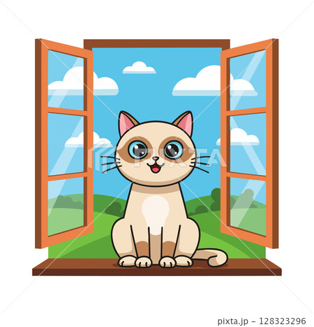 Cute cat sitting on open window with blue sky and green landscape vector illustration Cute cat sitting on open window with blue sky and green landscape vector illustration 128323296