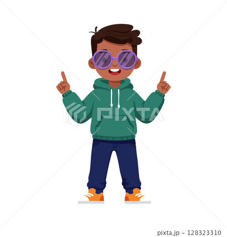 Cool boy wearing purple sunglasses green hoodie navy pants orange shoes vector illustration 128323310
