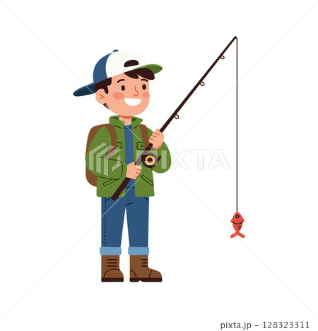 Boy fishing with rod and red fish catch happy outdoor hobby activity vector illustration 128323311