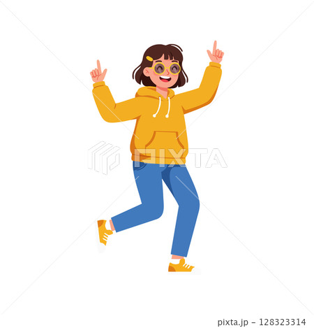 Happy young woman dancing in yellow hoodie and blue jeans casual outfit vector illustration Happy young woman dancing in yellow hoodie and blue jeans casual outfit vector illustration 128323314