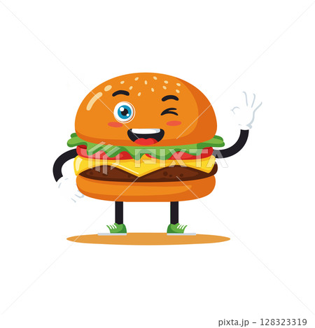 Cartoon cheeseburger character winking and waving with lettuce and tomato vector illustration Cartoon cheeseburger character winking and waving with lettuce and tomato vector illustration 128323319