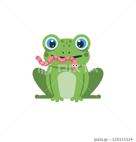 Green Frog Eating Pink Worm Vector Illustration for Kids and Nature Themes 128323324