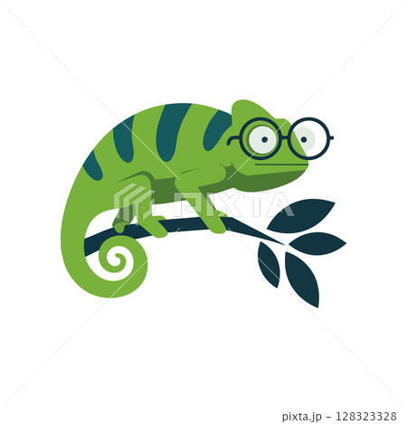 Green chameleon with glasses perched on branch vector illustration in flat style 128323328