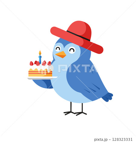 Blue bird holding birthday cake with red hat festive celebration illustration 128323331