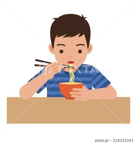 Boy eating noodles with chopsticks in blue striped shirt sitting at table vector illustration Boy eating noodles with chopsticks in blue striped shirt sitting at table vector illustration 128323341