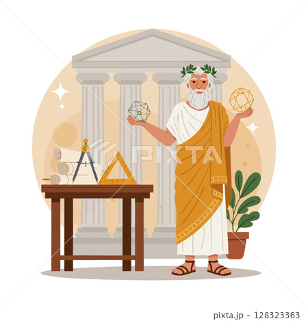 Ancient Greek Philosopher Holding Geometric Models in Front of Classical Temple Vector Illustration 128323363
