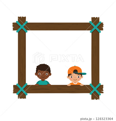 Two children peeking from wooden frame vector illustration with brown and teal accents Two children peeking from wooden frame vector illustration with brown and teal accents 128323364