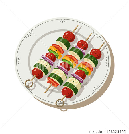 Vegetable kebabs with colorful fresh ingredients on white plate vector illustration 128323365