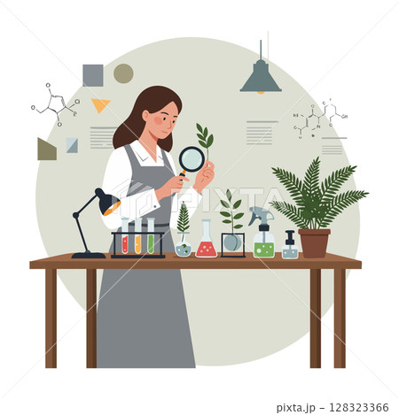 Woman Scientist Analyzing Plant Samples in Laboratory Environment with Scientific Equipment Vector Illustration 128323366
