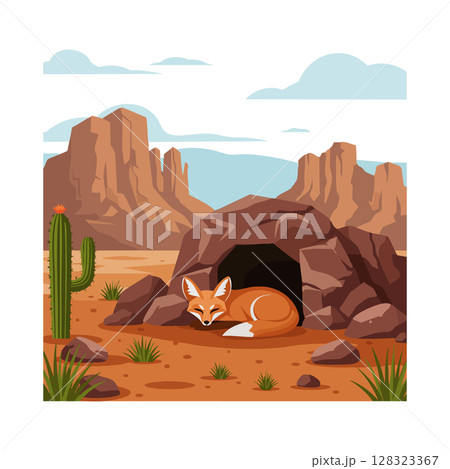 Fox resting outside rocky cave in desert landscape with cactus and mountains vector illustration 128323367