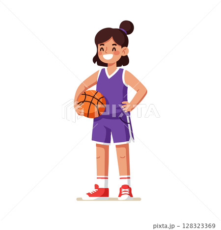 Girl basketball player holding ball in purple uniform with red shoes vector illustration 128323369