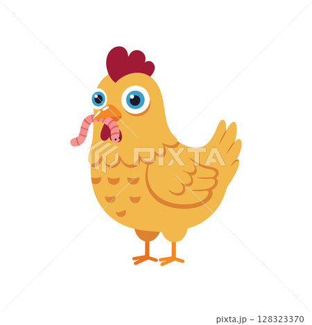 Chicken eating worm vector illustration with cartoon style and bright colors 128323370