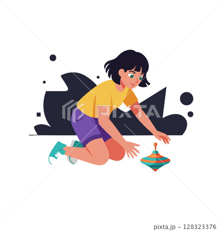 Child playing with colorful spinning top toy vector illustration in casual outfit Child playing with colorful spinning top toy vector illustration in casual outfit 128323376