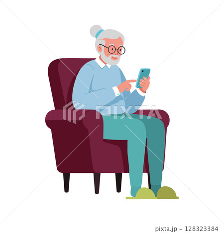 Elderly woman sitting in armchair using smartphone modern technology vector illustration Elderly woman sitting in armchair using smartphone modern technology vector illustration 128323384