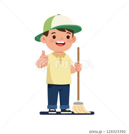 Boy giving thumbs up while holding broom cheerful cleaning kid vector illustration Boy giving thumbs up while holding broom cheerful cleaning kid vector illustration 128323392