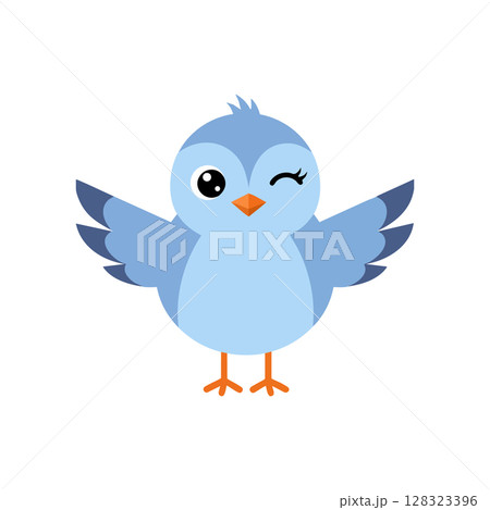 Cute blue bird cartoon winking with spread wings vector illustration design 128323396
