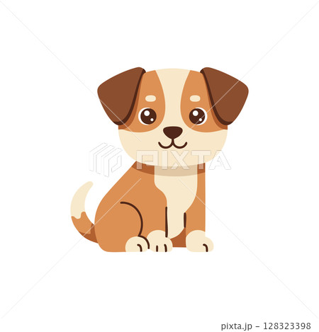 Cute brown and beige puppy dog sitting cartoon vector illustration with big eyes 128323398